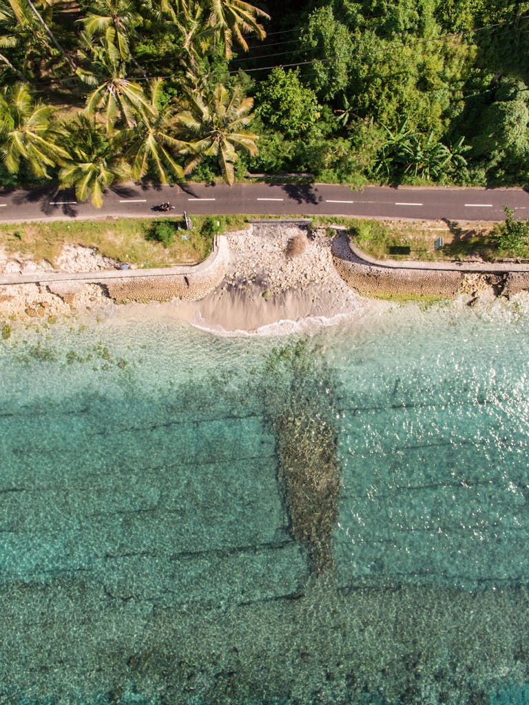 A stunning aerial view of a tropical shoreline and coastal road surrounded by greenery.